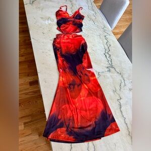 Red and Black Sleeveless Top and long skirt set- XS